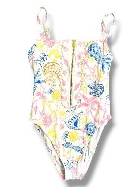 Lilly Pulitzer One Piece Swimsuit Seashell Print Zip Front Pink Gold Size 10